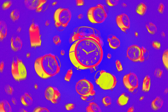 Floating Alarm Clocks Neon Duotone JPEG Illustration Pattern Dark Background Retro Vintage Timepiece Psychedelic Pop Art Time Concept Design