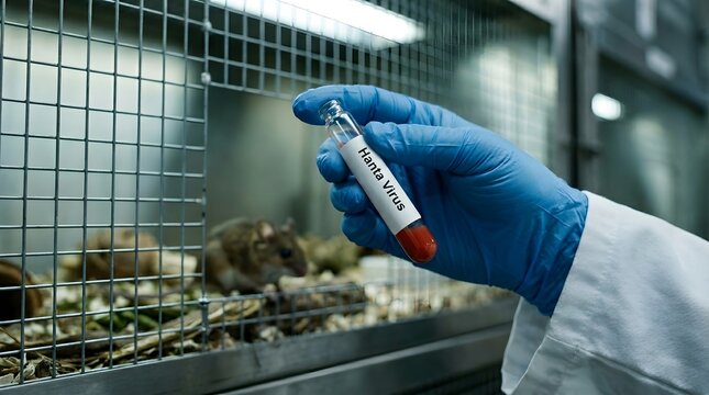 Female scientist in protective gear holding a blood sample vial labeled Hanta Virus in a research laboratory, ideal for infectious disease studies, vaccine development, and medical news stories