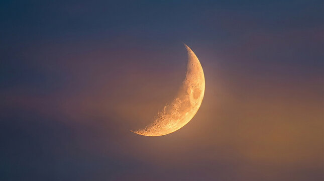 Golden Crescent Moon Against Warm Amber Twilight Sky. Close-up of luminous crescent moon with warm golden tones, soft gradient sky backdrop, intimate celestial detail