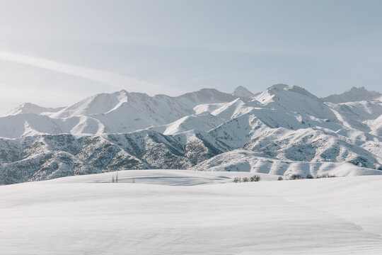Wide panoramic view of snow covered Tian Shan mountains and rolling hills under soft winter light in Kyrgyzstan, with minimal foreground and clear sky for copy space
