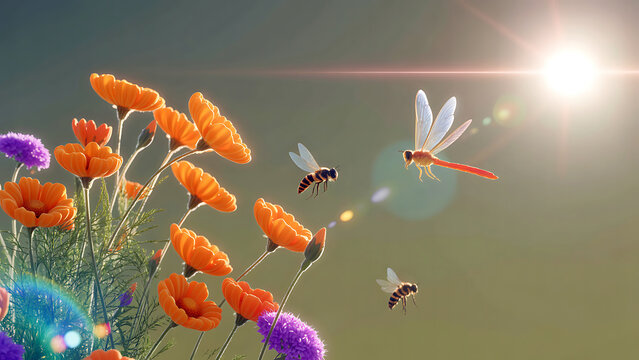 Dragonflies and bees fly around vibrant orange flowers on a sunny day in a natural landscape.