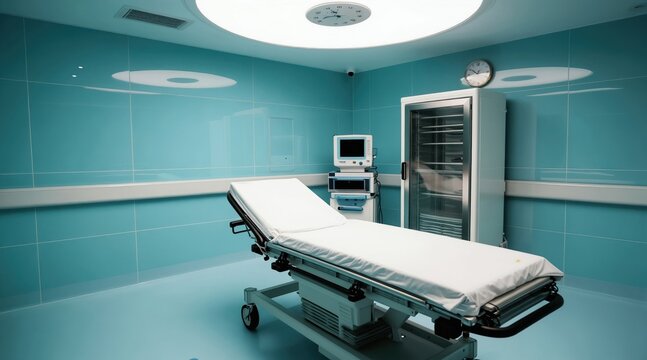 Modern hospital morgue features clean blue tiled walls, examination table, medical monitors, and refrigeration unit. This sterile room is ready for forensic or pathology work.