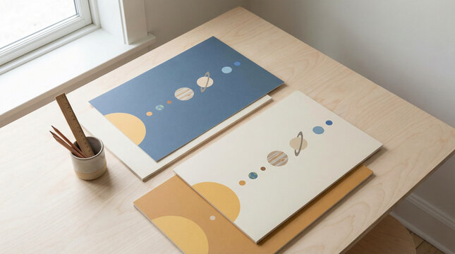 Modern Planet Poster Set Overhead Flat Lay Arrangement. Clean minimalist composition of solar system educational prints arranged on light wood surface