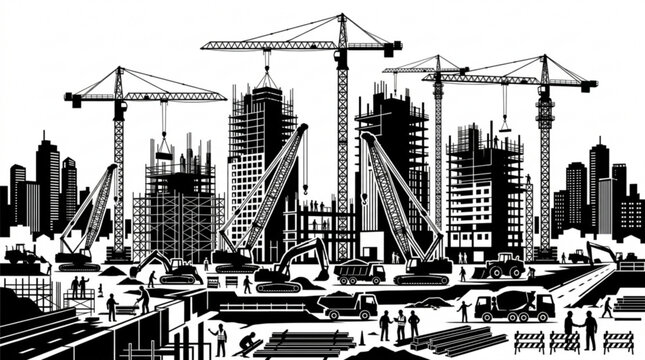 City construction site with cranes and skyscrapers under development