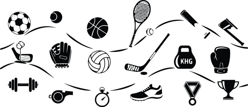 Black and white sports equipment vector icon collection with balls racket glove bat hockey stick trophy medal shoe and fitness symbols