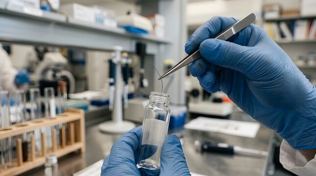 Scientist in blue gloves using tweezers to collect a DNA sample for forensic analysis in a modern laboratory, perfect for scientific investigation, RNA research, and medical diagnostic themes