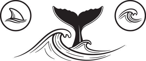 Black and white of whale tail emerging from wavy water with circular shark and wave symbols also transparent background © mHs