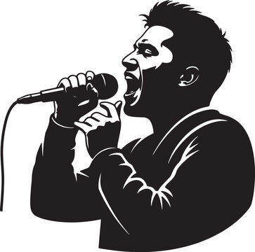 Black and white silhouette of a man passionately singing into a microphone, isolated on a transparent background, also transparent background