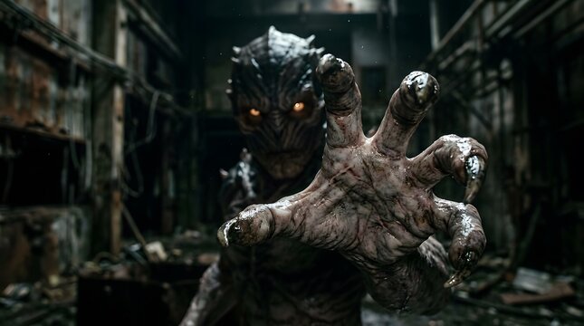 Scary dark alien monster with detailed textured skin and long sharp talons in a smoky sci-fi environment, ideal for cinematic horror posters, UFO mystery projects, and deep space thriller