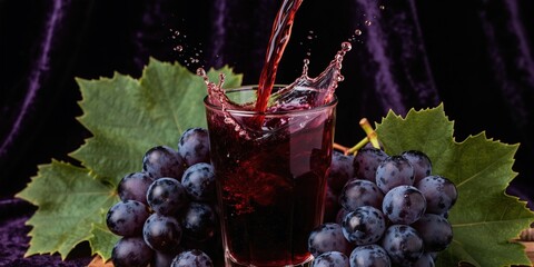 Obraz premium Dark grape juice pours into glass creating splash. Fresh concord grapes surround drink. Velvety purple fabric forms background. This image suggests healthy refreshment and natural ingredients.