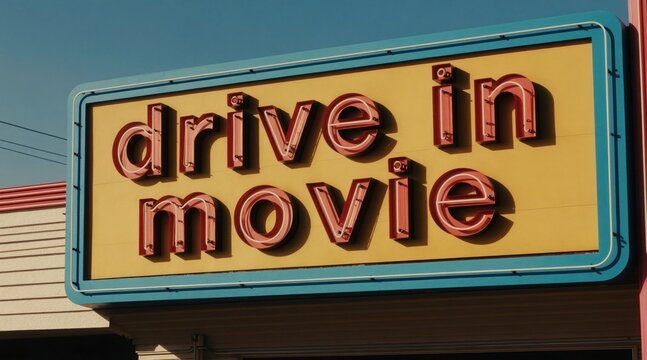 Retro drive in movie theater sign with bright neon letters against a clear blue sky. Vintage marquee displays film showtime information. Classic roadside attraction.