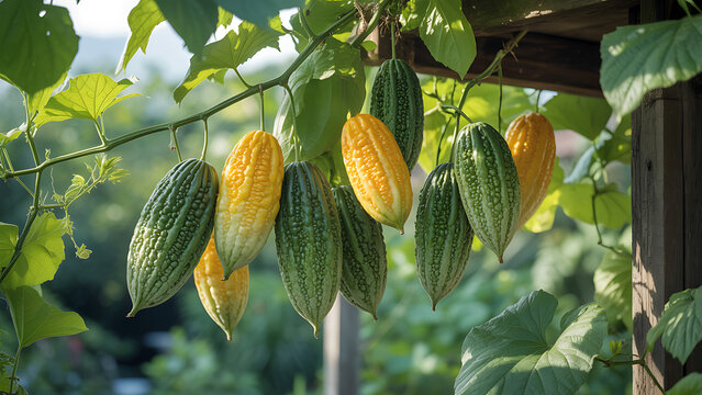 Vibrant gourds hang from a lush green vine under a wooden pergola in a sunny garden.