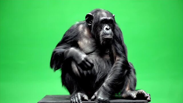 Realistic Chimpanzee Primate Sitting Calmly on Green Screen - A full-body shot of a realistic chimpanzee primate is shown sitting calmly on a green screen.