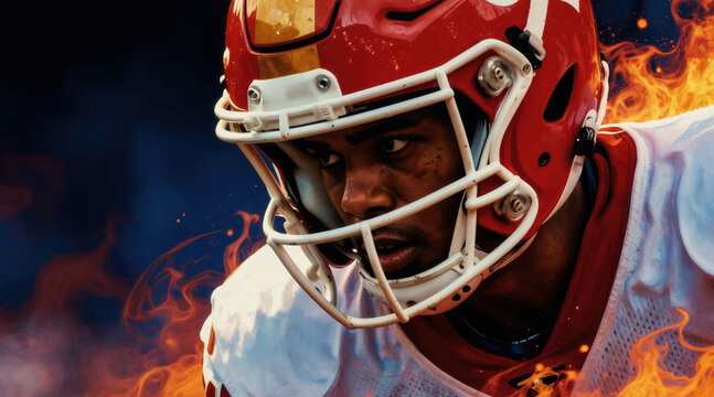 Close-up of determined American football player in red helmet. Athlete ready for intense game action. Fire effect adds drama to athletic spirit and competitive drive.