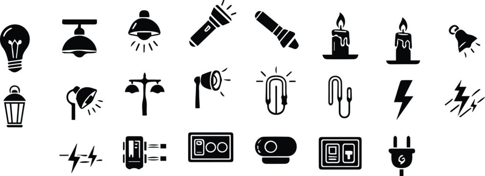Black and white lighting and electrical vector icon collection with bulbs lamps candles flashlights plugs lightning switches and power symbols