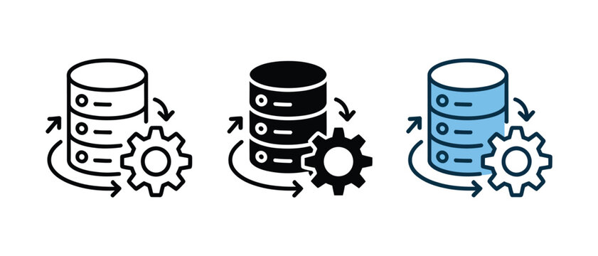 Database management icon vector set, server storage and data system symbols in multiple styles for cloud computing, analytics, and technology design