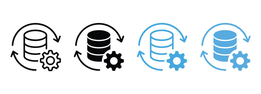 Database management icon vector set, server storage and data system symbols in multiple styles for cloud computing, analytics, and technology design