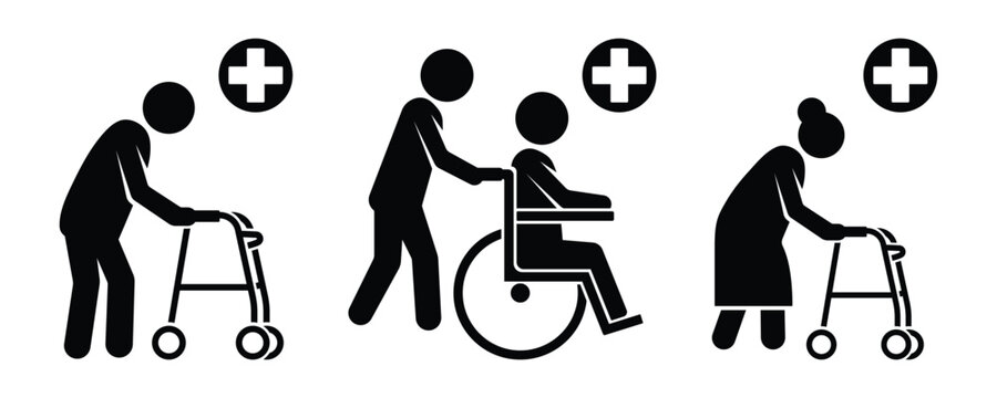 Elderly people with walker and wheelchair medical icon vector set
