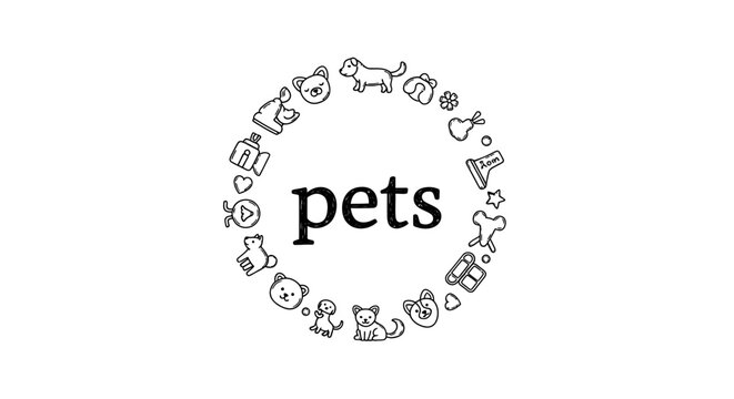 Black and white hand drawn circular frame with cute pet icons and text.