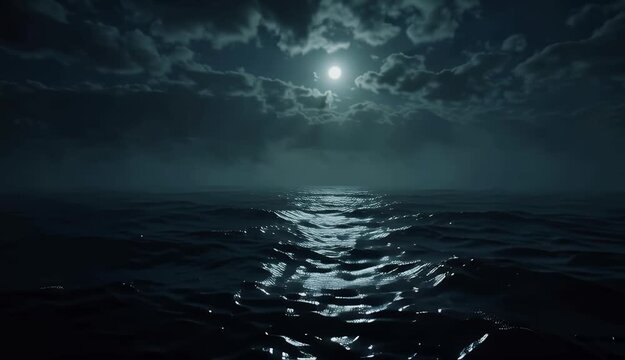Moonlit ocean waves under cloudy night sky reflection