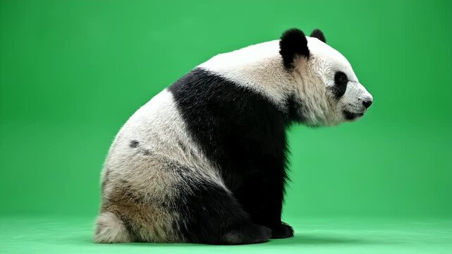 Giant Panda Side Profile on Green Screen - A giant panda is shown in a side profile, sitting calmly against a vibrant green screen backdrop.