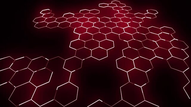 Abstract glowing red hexagonal grid forms complex molecular structure pattern, dynamic digital network animation, futuristic technology background with glowing lines and connections.