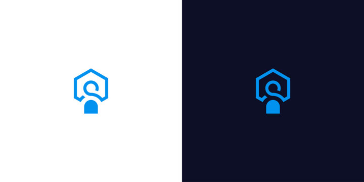 Minimalist blue abstract shape resembling a house with a light bulb inside, perfect for technology or real estate branding