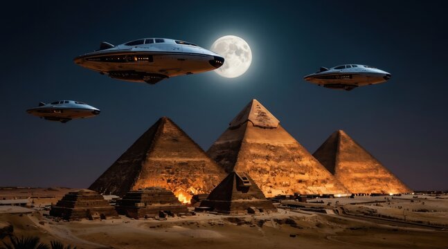 Night scene shows Egyptian pyramids under full moon with alien spacecraft hovering above. Futuristic ships flying over ancient desert structures. Mystery, fantasy, sci-fi themes combine in scene.