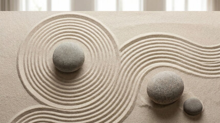 Naklejka premium Zen Garden Stones and Raked Sand Meditation Space. Clean minimalist view of perfectly raked sand patterns around smooth meditation stones, calming neutral palette
