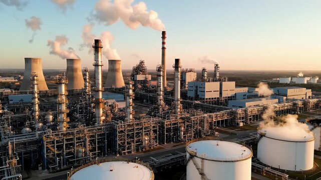 Aerial View of Chemical Refinery and Gas Processing Factory - An expansive aerial view captures a modern chemical refinery and gas processing plant under a soft sky, illuminated by warm sunlight.