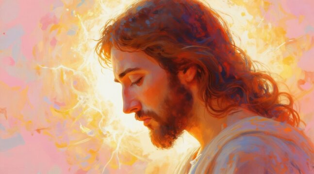 Impressionistic painting of Jesus Christ in profile. Warm ethereal light emanates from him, suggesting love and compassion. Soft brushstrokes create a gentle, spiritual atmosphere.