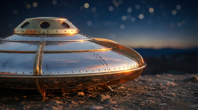 Vintage Flying Saucer Model Against Warm Sunset Sky. Close-up of retro metallic UFO model with warm golden sunset light reflecting on chrome surface, bokeh stars emerging
