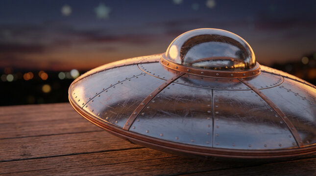 Vintage Flying Saucer Model Against Warm Sunset Sky. Close-up of retro metallic UFO model with warm golden sunset light reflecting on chrome surface, bokeh stars emerging