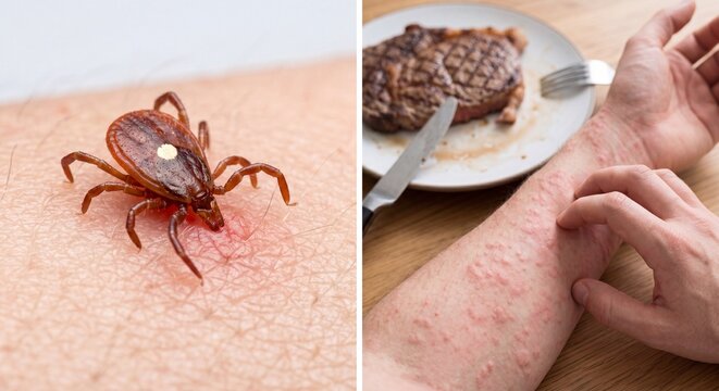 Educational Concept Showing Lone Star Tick Bite and Alpha-gal Meat Allergy Hives