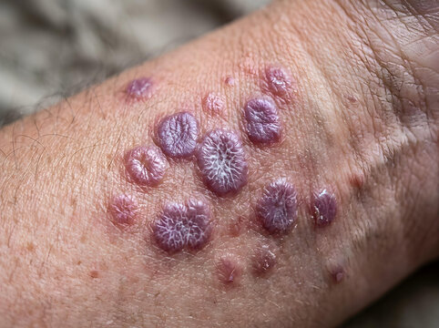close-up of lichen planus skin lesions on human arm with natural lighting