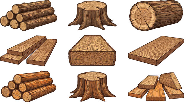 Rustic Wood Log and Timber Plank Vector Set with Detailed Bark Texture for Lumber Industry, Forestry, Woodworking Workshops, and Natural Construction Projects