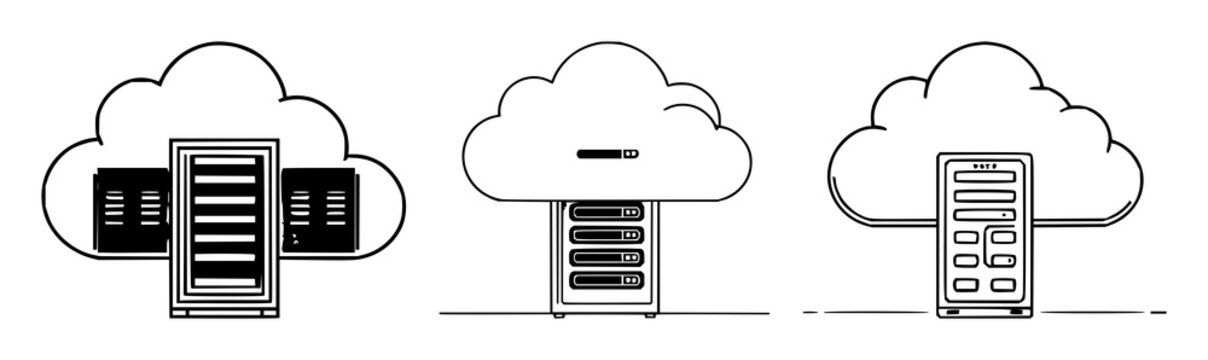 Cloud computing set with glowing server room and digital data transfer featuring blue futuristic lighting, high tech business, data center with servers and cloud icons