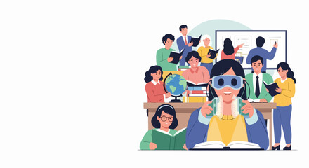 Fototapeta premium Colorful cartoon group of diverse people engaging with virtual reality headset and digital screen. Modern illustration of tech-savvy team collaborating in virtual space. Concept for education,