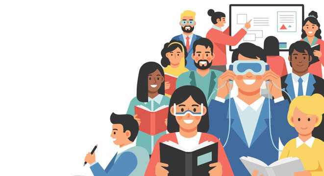 Diverse students reading books in classroom with teacher pointing at whiteboard. Educational illustration for school concept. editable vector illustration