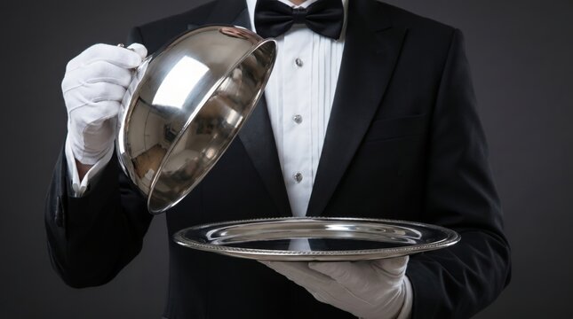 Butler opening a silver cloche. High-end service and luxury. Refinement.