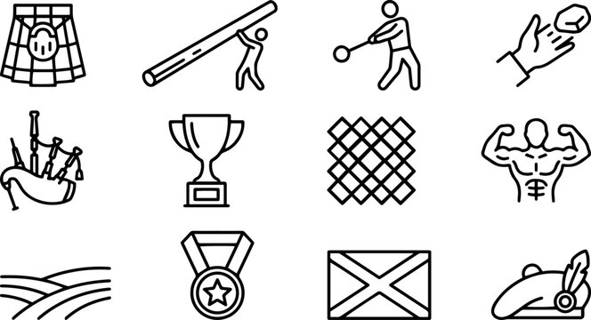 Collection of Scottish Highland Games icons including kilt bagpipes caber toss and hammer throw
