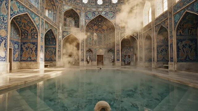 Ornate Traditional Hammam Interior with Steaming Pool - An opulent traditional hammam or bathhouse features a large steaming pool at its center, enveloped in a mystical mist.