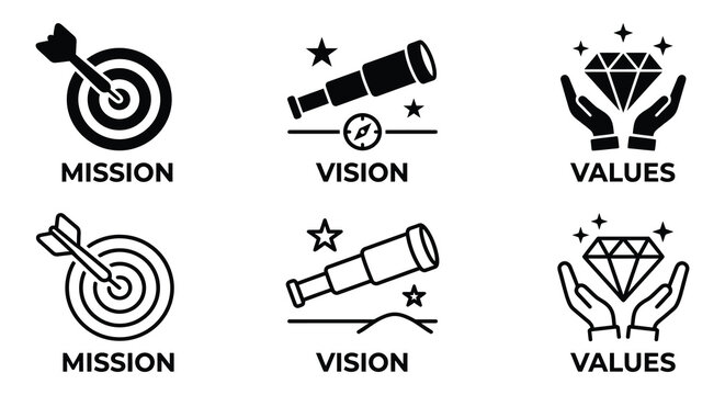 business concept icons with mission vision and values text silhouette