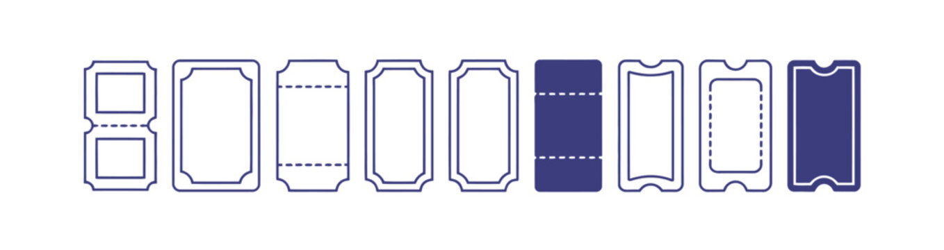 Movie entry ticket icon set vector collection with admit stub, raffle pass, coupon, and line ticket symbols for cinema, events, and promotional design projects