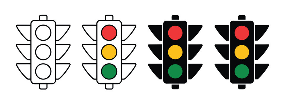 Traffic control light icon vector set with stoplight signals, road safety indicators, and transportation symbols for navigation, driving, and urban design projects