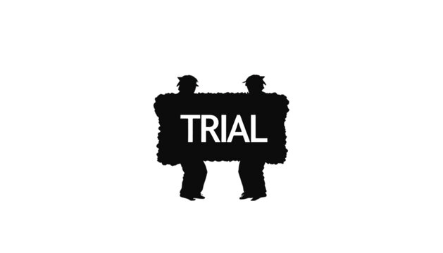 People silhouettes carrying a large rectangular sign labeled with the word trial emphasize the collaborative effort and team participation required during experimental phases of a new project.