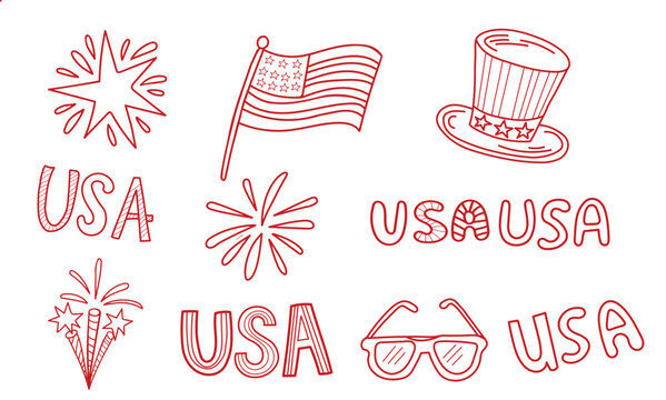 Fourth of july themed doodles and lettering on a white background