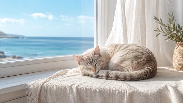 Cozy Cat Sleeping by Seaside Window with Ocean View