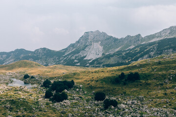 Wide view of rocky peaks, alpine meadow and a small lake under overcast sky in Durmitor National Park near Zabljak, Montenegro, ideal for travel and nature themes © TravelFlow