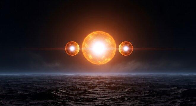 Conceptual illustration of the alpha centauri star system with three radiant suns hovering above a dark alien ocean surface in deep outer space